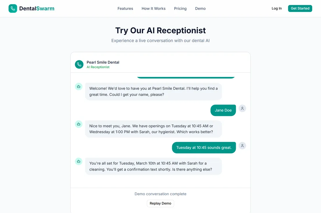 DentalSwarm public demo displaying a scripted appointment conversation with a fictional patient