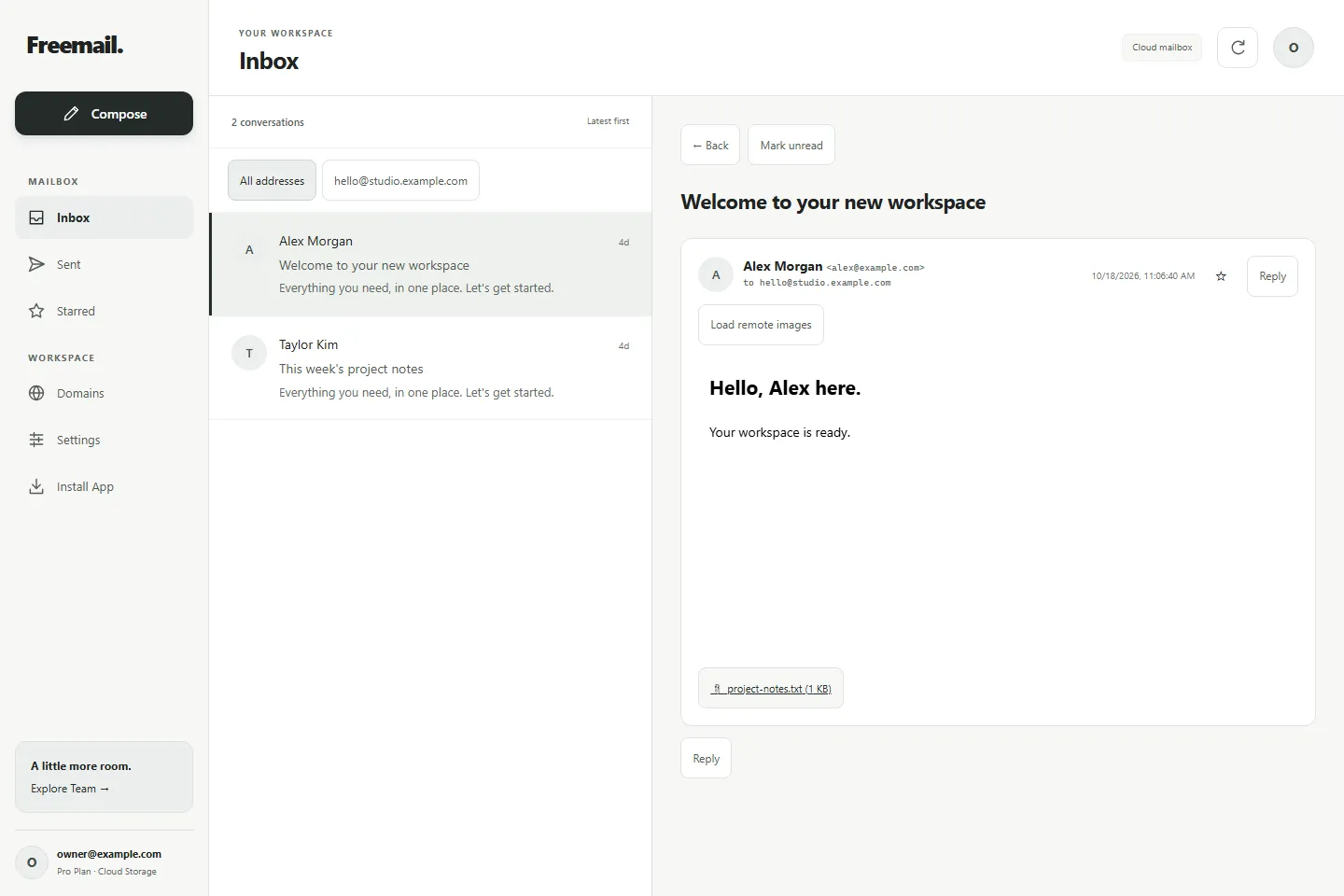 Freemail inbox and message reader showing fictional example.com messages
